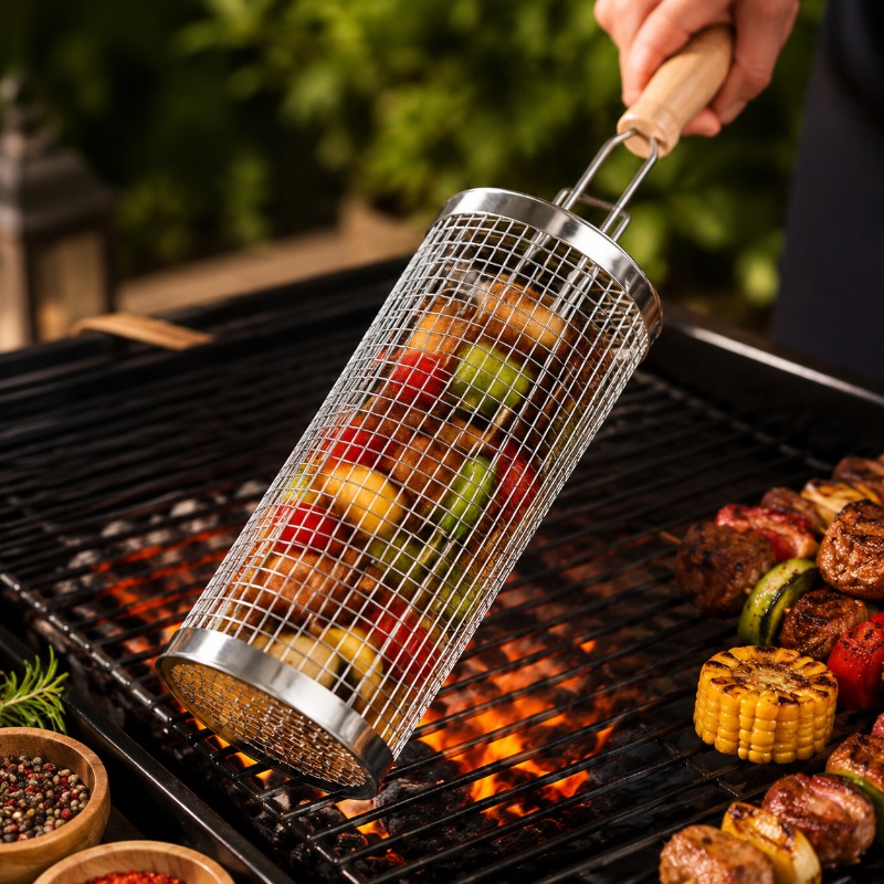 Camping Cooking Basket - Round Barbecue Grill Basket Set Stainless